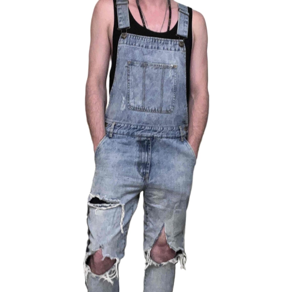Forever 21 Mens Blue Slim Fit Denim Distressed Overalls Size 30